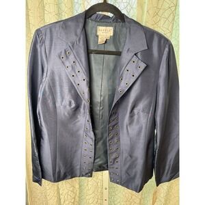 Y2K Adrianna Papell Petites 14P Navy 100% Silk Blazer Jacket NWT‎